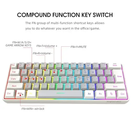 Snpurdiri 60% simli oʻyin klaviaturasi, kichik ultra ixcham 61 tugmali RGB yoritgichli 60 foizli oʻyin klaviaturasi PC/Mac oʻyinchisi, typist, sayohat, biznes safarida olib yurish oson (oq-kulrang) - 4