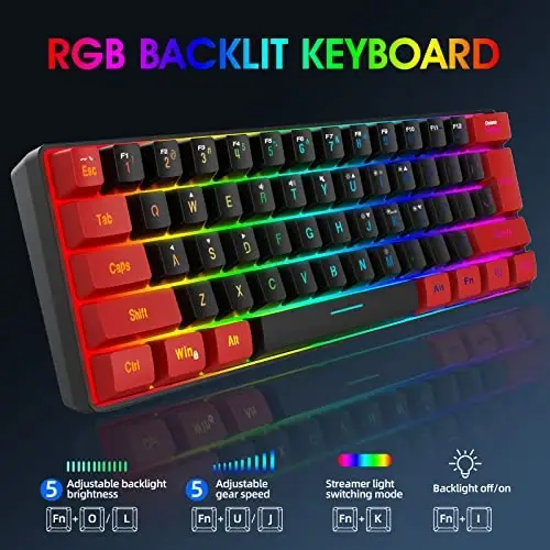 Snpurdiri 60% Simli O'yin Klaviaturasi, RGB Orqa Yori Yoritiladigan Kichik Membran O'yin Klaviaturasi, Kompyuter O'yinchi Uchun Ultra-Kompakt Mini Klaviatura Qizil va Qora - 4