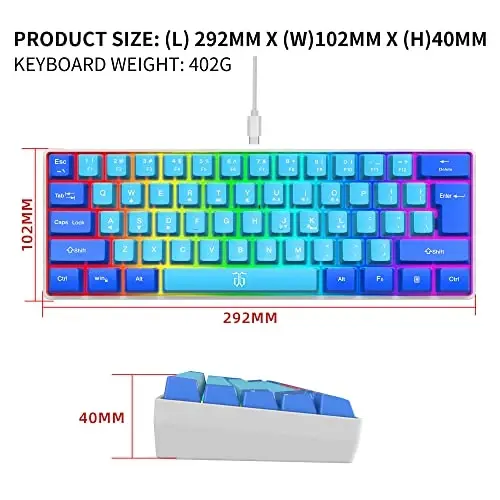 Snpurdiri 60% simli oʻyin klaviaturasi, RGB ultra-kompakt mini klaviatura, PC/Mac oʻyinchisi, operatori, sayohati uchun suv oʻtkazmaydigan mexanik kichik klaviatura, ish safari uchun olib yurish oson (koʻk-koʻk) - 5