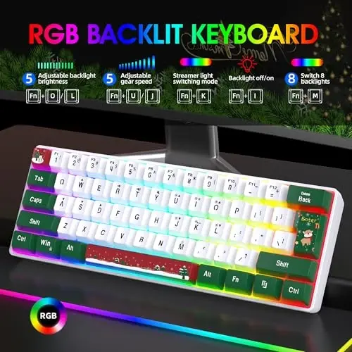 Snpurdiri 60% simli oʻyin klaviaturasi, RGB yoritgichli kichik ultra-kompakt 61 tugmali 60 foizli oʻyin klaviaturasi kompyuter/Mac oʻyinchisi, yozuvchi, sayohat uchun, ish safariga olib yurish oson (qizil yashil oq) - 3