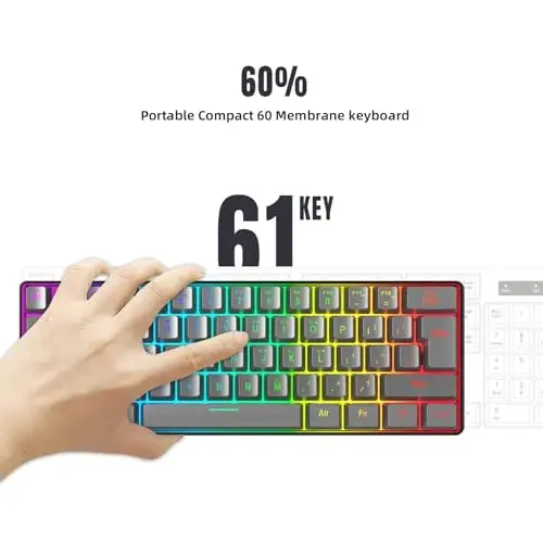 Snpurdiri 60% simli oʻyin klaviaturasi, RGB yoritgichli ultra ixcham 61 tugmali 60 foizli mini oʻyin klaviaturasi kompyuter/Mac oʻyinchisi, mashinachi, sayohat, biznes safarida olib yurish oson (temir kulrang) - 2