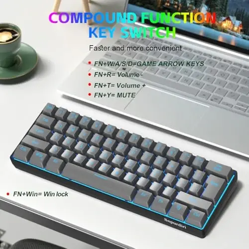 Snpurdiri 60% simli oʻyin klaviaturasi, RGB yoritgichli ultra ixcham 61 tugmali 60 foizli mini oʻyin klaviaturasi kompyuter/Mac oʻyinchisi, mashinachi, sayohat, biznes safarida olib yurish oson (temir kulrang) - 4