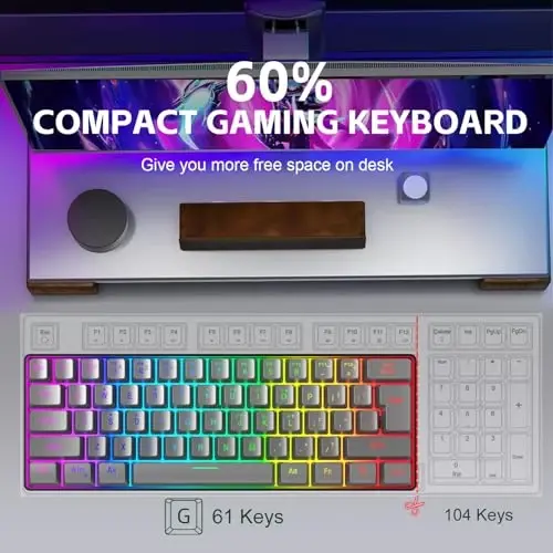 Snpurdiri 60% simli oʻyin klaviaturasi, RGB yoritgichli ultra ixcham 61 tugmali 60 foizli mini oʻyin klaviaturasi kompyuter/Mac oʻyinchisi, mashinachi, sayohat, biznes safarida olib yurish oson (temir kulrang) - 5