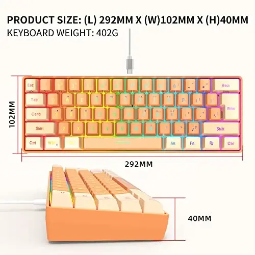 Snpurdiri 60% simli o'yin klaviaturasi, RGB yoritgichli ultra ixcham mini o'yin klaviaturasi PC/Mac gamer, Typewriter, Sayohat (krem va to'q sariq) - 3