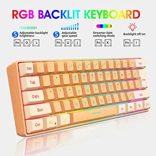 Snpurdiri 60% simli o'yin klaviaturasi, RGB yoritgichli ultra ixcham mini o'yin klaviaturasi PC/Mac gamer, Typewriter, Sayohat (krem va to'q sariq) - 4