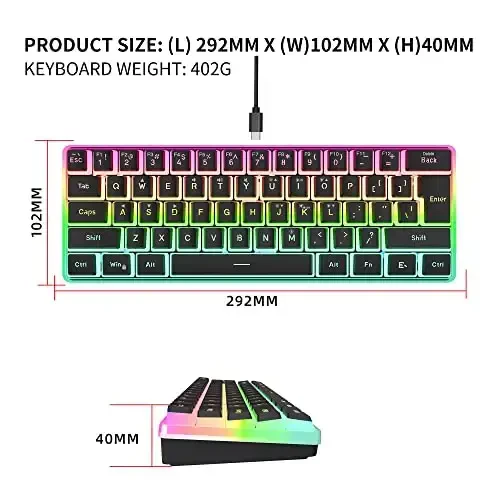 Snpurdiri 60% Wired Gaming Keyboard, Pudding Keycaps with Translucent Layer,RGB Ultra-Compact Mini Keyboards, Waterproof Small 61 Keys Keyboard for Office/Gaming(Black) - 6