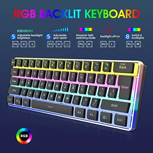 Snpurdiri 60% Wired Gaming Keyboard, Pudding Keycaps with Translucent Layer,RGB Ultra-Compact Mini Keyboards, Waterproof Small 61 Keys Keyboard for Office/Gaming(Black) - 3