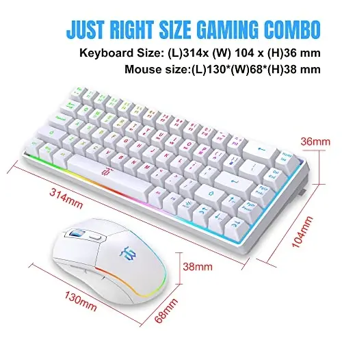 Snpurdiri 60% simsiz oʻyin klaviatura va sichqoncha toʻplami, LED yoritgichli qayta zaryadlanuvchi 2000mAh batareya, mini mexanik tuygʻuli anti-ghosting klaviatura + mashhur RGB oʻyin sichqonchalari PC oʻyinchisi uchun (oq) - 6