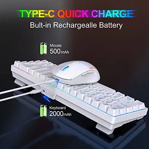 Snpurdiri 60% simsiz oʻyin klaviatura va sichqoncha toʻplami, LED yoritgichli qayta zaryadlanuvchi 2000mAh batareya, mini mexanik tuygʻuli anti-ghosting klaviatura + mashhur RGB oʻyin sichqonchalari PC oʻyinchisi uchun (oq) - 3
