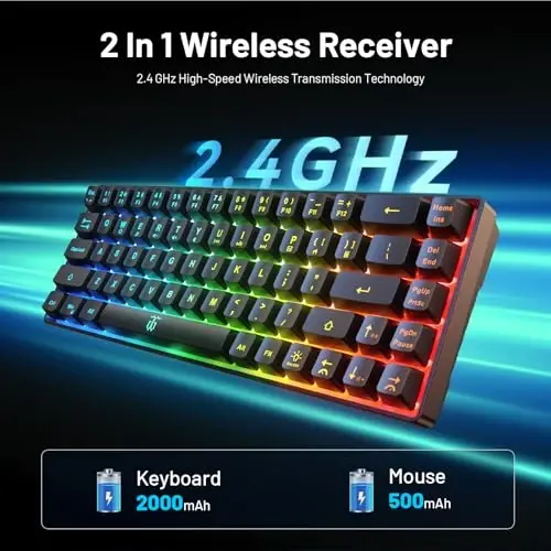 Snpurdiri 60% Simsiz O'yin Klaviaturasi va Sichqoncha Kombosu, LED Orqa Yoritishli Qayta Zaryadlanadigan 2000mAh Batareya, Kichik Membran Ammo Mexanik Klaviatura + O'yin uchun Mashhur RGB Sichqonchalar, Biznes Ofis - 2