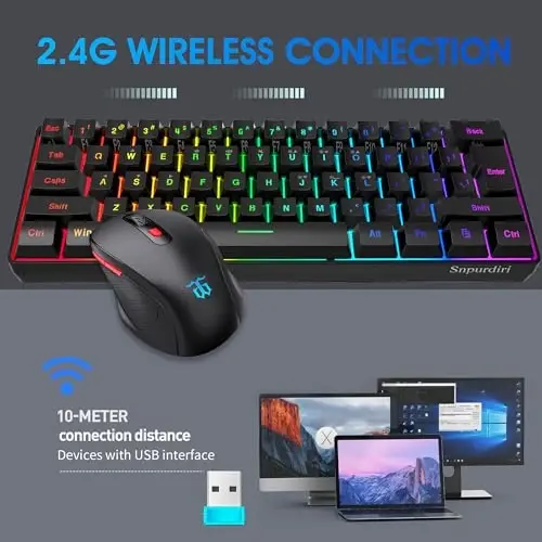 Snpurdiri 60% Simsiz O'yin Klaviaturasi va Sichqoncha To'plami, 2.4G Kichik Mini 60% Mexanik Hisli Klaviatura, Ergonomik Dizayn Vertikal Hisli Simsiz Sichqoncha O'z ichiga oladi - SNPURDIRI (1)