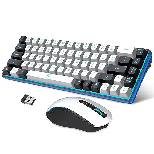 Snpurdiri 60% simsiz o'yin klaviaturasi va sichqoncha to'plami, muz ko'k rangli orqa yoritgichli qayta zaryadlanuvchi 2000mAh batareya, mini mexanik hisli anti-ghosting klaviatura + o'yin, ofis uchun mashhur RGB sichqonchasi (oq-qora) 