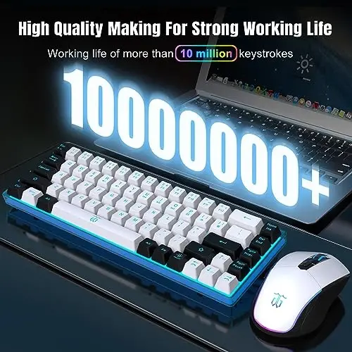 Snpurdiri 60% simsiz o'yin klaviaturasi va sichqoncha to'plami, muz ko'k rangli orqa yoritgichli qayta zaryadlanuvchi 2000mAh batareya, mini mexanik hisli anti-ghosting klaviatura + o'yin, ofis uchun mashhur RGB sichqonchasi (oq-qora) - 4