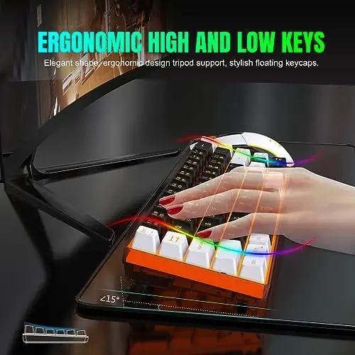 Snpurdiri 60% simsiz o'yin klaviaturasi va sichqoncha to'plami, to'q sariq rangli orqa yoritgichli qayta zaryadlanuvchi 2000mAh batareya, mini mexanik anti-ghosting klaviatura + ommabop RGB sichqonchasi o'yin, ofis uchun (qora-oq) - 4