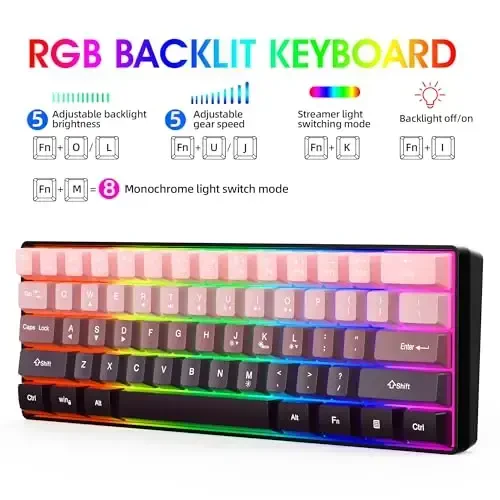 Snpurdiri 60% Wired Gaming Keyboard, 61 Keys RGB Backlit Ultra-Compact Small Gaming Keyboard, for PC/Mac Gamer, Typist, Travel, Easy to Carry on Business Trip (Pink-Black) - 2