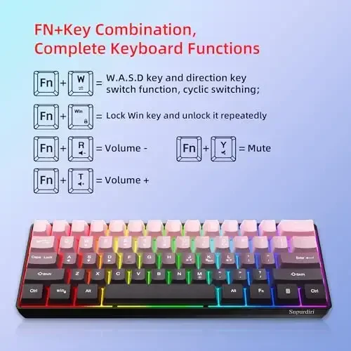 Snpurdiri 60% Wired Gaming Keyboard, 61 Keys RGB Backlit Ultra-Compact Small Gaming Keyboard, for PC/Mac Gamer, Typist, Travel, Easy to Carry on Business Trip (Pink-Black) - 3