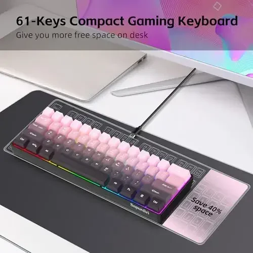 Snpurdiri 60% Wired Gaming Keyboard, 61 Keys RGB Backlit Ultra-Compact Small Gaming Keyboard, for PC/Mac Gamer, Typist, Travel, Easy to Carry on Business Trip (Pink-Black) - 4