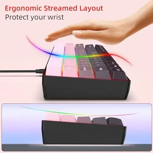 Snpurdiri 60% Wired Gaming Keyboard, 61 Keys RGB Backlit Ultra-Compact Small Gaming Keyboard, for PC/Mac Gamer, Typist, Travel, Easy to Carry on Business Trip (Pink-Black) - 6