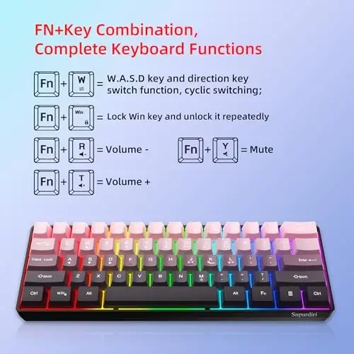 Snpurdiri 60% Wired Gaming Keyboard, 61 Keys RGB Backlit Ultra-Compact Small Gaming Keyboard, for PC/Mac Gamer, Typist, Travel, Easy to Carry on Business Trip (Pink-Black) - 3