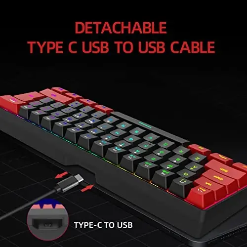 Snpurdiri 60% Wired Gaming Keyboard, RGB Backlit Small Membrane Gaming Keyboard, Ultra-Compact Mini Keyboard for PC Computer Gamer Red and Black - 2