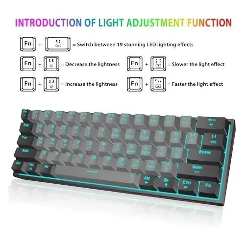 Snpurdiri 60% Wired Mechanical Gaming Keyboard, Ice Blue LED Backlit 61 Keys Mini Wired Office Keyboard for Windows Laptop PC Mac (Black-Grey, Red Switches) - 3