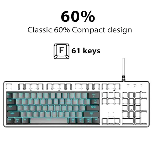 Snpurdiri 60% Wired Mechanical Gaming Keyboard, Ice Blue LED Backlit 61 Keys Mini Wired Office Keyboard for Windows Laptop PC Mac (Black-Grey, Red Switches) - 2