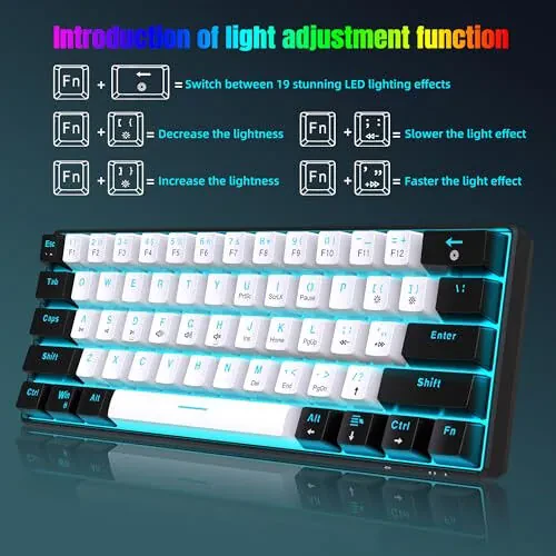 Snpurdiri 60% Wired Mechanical Gaming Keyboard, Ice Blue LED Backlit 61 Keys Mini Wired Office Keyboard for Windows Laptop PC Mac (Black-White, Blue Switches) - 3