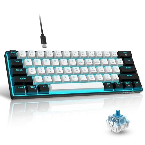 Snpurdiri 60% Wired Mechanical Gaming Keyboard, Ice Blue LED Backlit 61 Keys Mini Wired Office Keyboard for Windows Laptop PC Mac (Black-White, Blue Switches) - 1