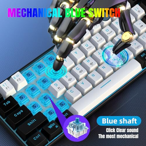 Snpurdiri 60% Wired Mechanical Gaming Keyboard, Ice Blue LED Backlit 61 Keys Mini Wired Office Keyboard for Windows Laptop PC Mac (Black-White, Blue Switches) - 3