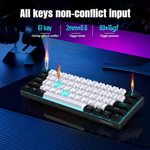 Snpurdiri 60% Wired Mechanical Gaming Keyboard, Ice Blue LED Backlit 61 Keys Mini Wired Office Keyboard for Windows Laptop PC Mac (Black-White, Blue Switches) - 6