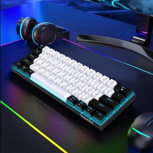 Snpurdiri 60% Wired Mechanical Gaming Keyboard, Ice Blue LED Backlit 61 Keys Mini Wired Office Keyboard for Windows Laptop PC Mac (Black-White, Blue Switches) - 8