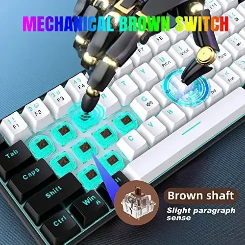 Snpurdiri 60% Wired Mechanical Gaming Keyboard, Ice Blue LED Backlit 61 Keys Mini Wired Office Keyboard for Windows Laptop PC Mac (Black-White, Brown Switches) - 2