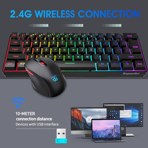 Snpurdiri 60% Wireless Gaming Keyboard and Mouse Combo, Include 2.4G Small Mini 60% Merchanical Feel Keyboard, Ergonomic Design Vertical Feel Wireless Mouse - 2