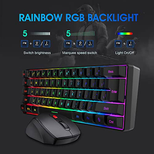 Snpurdiri 60% Wireless Gaming Keyboard and Mouse Combo, Include 2.4G Small Mini 60% Merchanical Feel Keyboard, Ergonomic Design Vertical Feel Wireless Mouse - 4