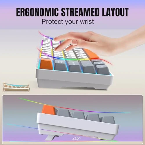 Snpurdiri 60% Wireless Gaming Keyboard and Mouse Combo, Rainbow Backlit Rechargeable 2000mAh Battery, Mini Mechanical Feel Keyboard + Popular RGB Mice for Gaming, Business Office (Gray-White-Orange) - 5