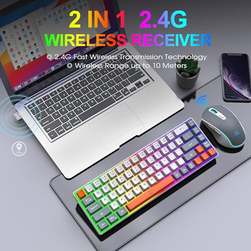 Snpurdiri 60% Wireless Gaming Keyboard and Mouse Combo, Rainbow Backlit Rechargeable 2000mAh Battery, Mini Mechanical Feel Keyboard + Popular RGB Mice for Gaming, Business Office (Gray-White-Orange) - 2