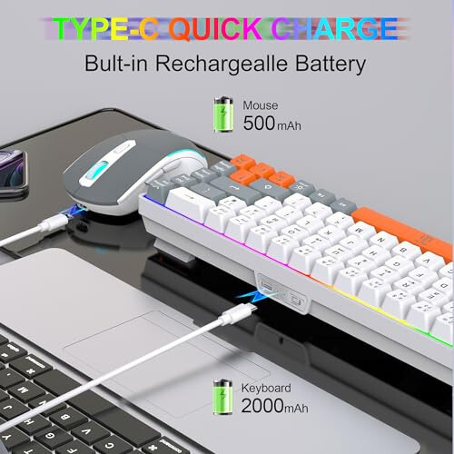 Snpurdiri 60% Wireless Gaming Keyboard and Mouse Combo, Rainbow Backlit Rechargeable 2000mAh Battery, Mini Mechanical Feel Keyboard + Popular RGB Mice for Gaming, Business Office (Gray-White-Orange) - 3