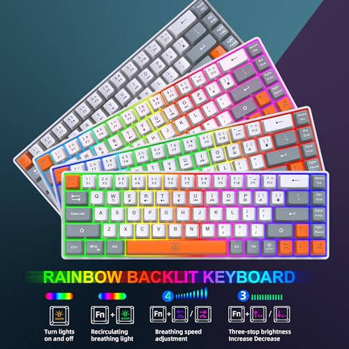 Snpurdiri 60% Wireless Gaming Keyboard and Mouse Combo, Rainbow Backlit Rechargeable 2000mAh Battery, Mini Mechanical Feel Keyboard + Popular RGB Mice for Gaming, Business Office (Gray-White-Orange) - 4