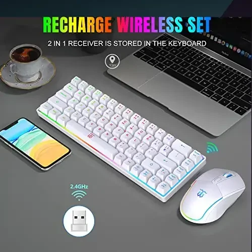 Snpurdiri 60% Wireless Gaming Keyboard and Mouse Combo,LED Backlit Rechargeable 2000mAh Battery,Mini Mechanical Feel Anti-ghosting Keyboard +Popular RGB Gaming Mice for PC Gamer (White) - 2