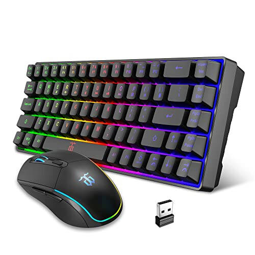 Snpurdiri 60% Wireless Gaming Keyboard and Mouse Combo,LED Backlit Rechargeable 2000mAh Battery,Small Membrane But Mechanical Keyboard + Popular RGB Mice for Gaming,Business Office - 1