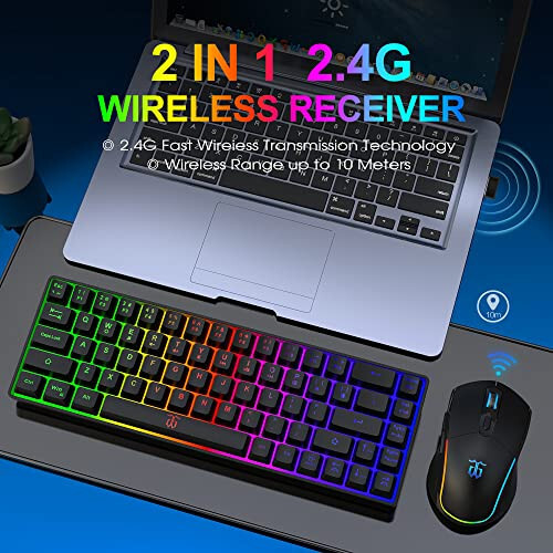 Snpurdiri 60% Wireless Gaming Keyboard and Mouse Combo,LED Backlit Rechargeable 2000mAh Battery,Small Membrane But Mechanical Keyboard + Popular RGB Mice for Gaming,Business Office - 2