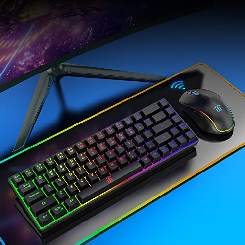 Snpurdiri 60% Wireless Gaming Keyboard and Mouse Combo,LED Backlit Rechargeable 2000mAh Battery,Small Membrane But Mechanical Keyboard + Popular RGB Mice for Gaming,Business Office - 6