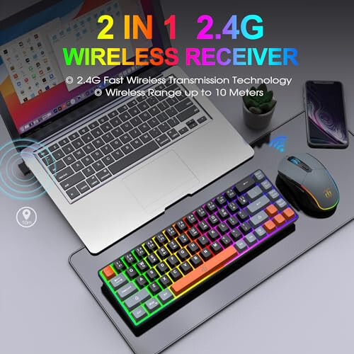 Snpurdiri 60% Wireless Gaming Keyboard and Mouse Combo,Rainbow Backlit Rechargeable 2000mAh Battery,Mini Mechanical Feel Keyboard + Popular RGB Mice for Gaming,Business Office(Gray-Black-Orange) - 2