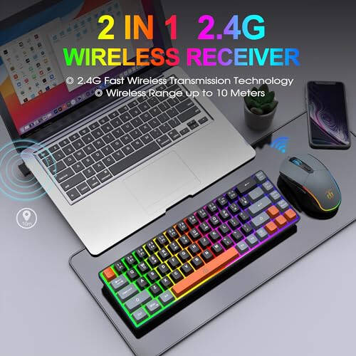 Snpurdiri 60% Wireless Gaming Keyboard and Mouse Combo,Rainbow Backlit Rechargeable 2000mAh Battery,Mini Mechanical Feel Keyboard + Popular RGB Mice for Gaming,Business Office(Gray-Black-Orange) - 2