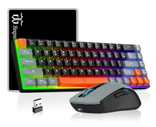 Snpurdiri 60% Wireless Gaming Keyboard and Mouse Combo,Rainbow Backlit Rechargeable 2000mAh Battery,Mini Mechanical Feel Keyboard + Popular RGB Mice for Gaming,Business Office(Gray-Black-Orange) - SNPURDIRI