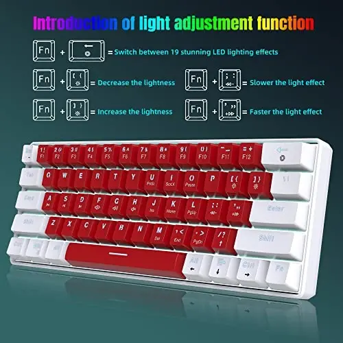 Snpurdiri Wired 60% Mechanical Gaming Keyboard, White LED Backlit Ultra-Compact Small Office Keyboard for Windows Laptop PC Mac (White-Red, Red Switches) - 6
