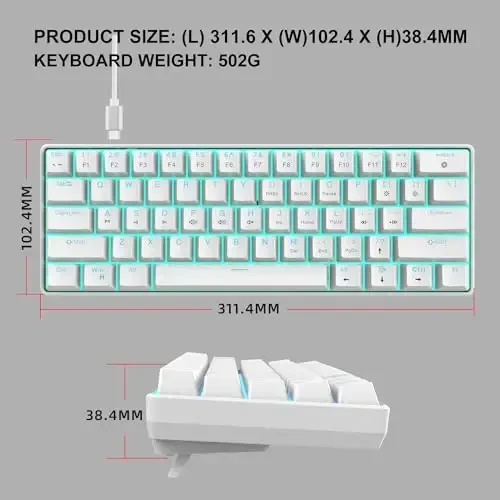 Snpurdiri Portable 60% Mechanical Gaming Keyboard, Ice Blue LED Backlit 61 Keys Mini Wired Office Keyboard for Windows Laptop PC Mac (White,Red Switches) - 6
