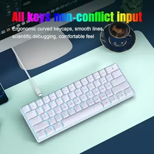 Snpurdiri Portable 60% Mechanical Gaming Keyboard, Ice Blue LED Backlit 61 Keys Mini Wired Office Keyboard for Windows Laptop PC Mac (White,Red Switches) - 7