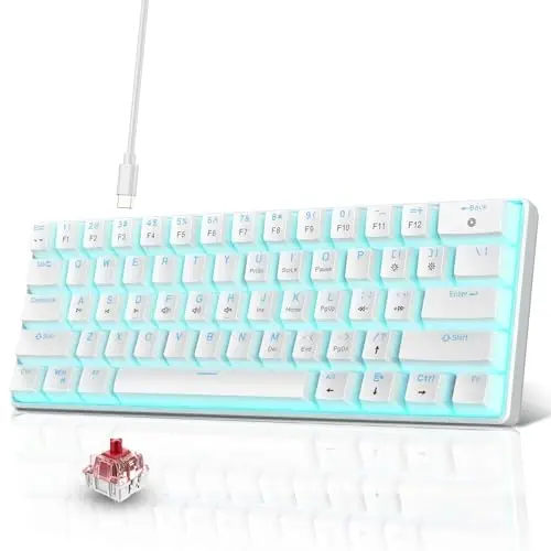 Snpurdiri Portativ 60% Mexanik O'yin Klaviatura, Muz Moviy LED Orqa Yorug'likli 61 Tugmali Mini Simli Ofis Klaviatura Windows Noutbuk PC Mac uchun (Oq, Qizil Kalitlar) 