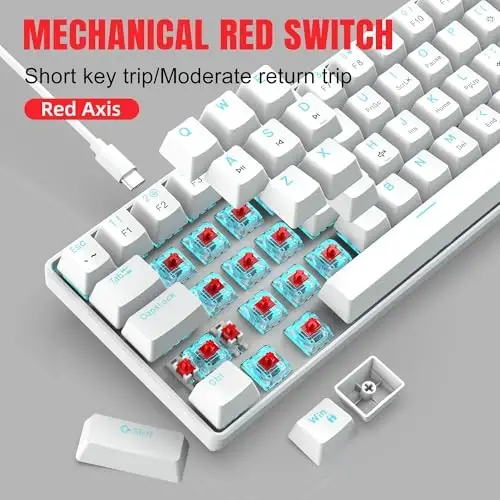 Snpurdiri Portativ 60% Mexanik O'yin Klaviatura, Muz Moviy LED Orqa Yorug'likli 61 Tugmali Mini Simli Ofis Klaviatura Windows Noutbuk PC Mac uchun (Oq, Qizil Kalitlar) - 3